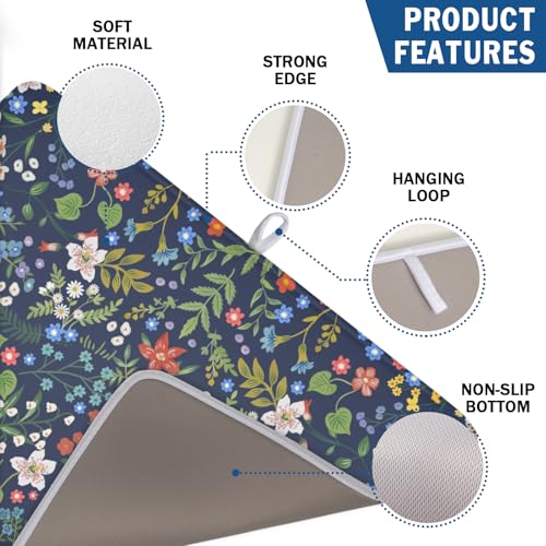 Flower Floral Dish Drying Mat 18x24 inch Microfiber Navy Blue Drying Mats with Hanging Loop Absorbent Green Leaves Dish Drainer Mat Reversible Flowers Drying Pad for Kitchen Counter Sink (Colored Flower / 24" x 18")