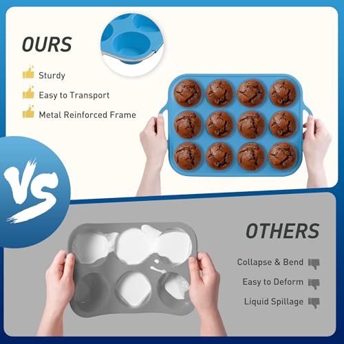 12 Cups Silicone Muffin Pan with Metal Reinforced Frame Regular Size Cupcake Pan Tray Egg Bites Silicone Circle Cookie Molds Muffin Tin Tray Tart Pans Kitchen Baking Mold Tools for Cooking (1pc: 12-Cup Regular / Blue)