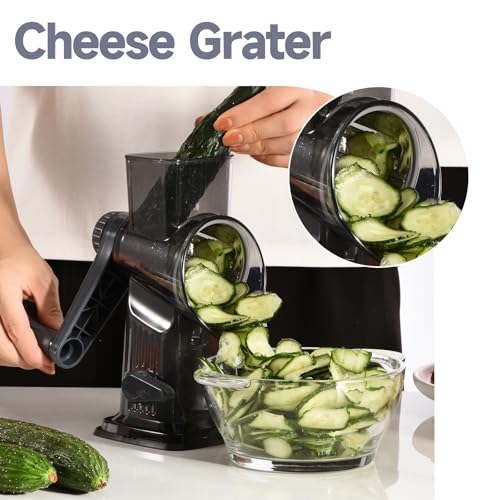 Rotary Cheese Grater with Handle Kitchen Shredder Slicer Grater Slicer Ice Shaver Cheese Vegetable Nuts Potato Zucchini Chocolate 3 Interchangeable Blades (9.06"L x 4.33"W x 9.07"H / Dark Gray)