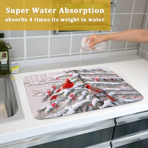 Red Birds Dish Drying Mat Winter Berry Dish Drainer Mats Absorbent Reversible Microfiber Kitchen Countertop Protector Dishes Pad 18x24 inch (Winter Red Bird / 18" x 24")