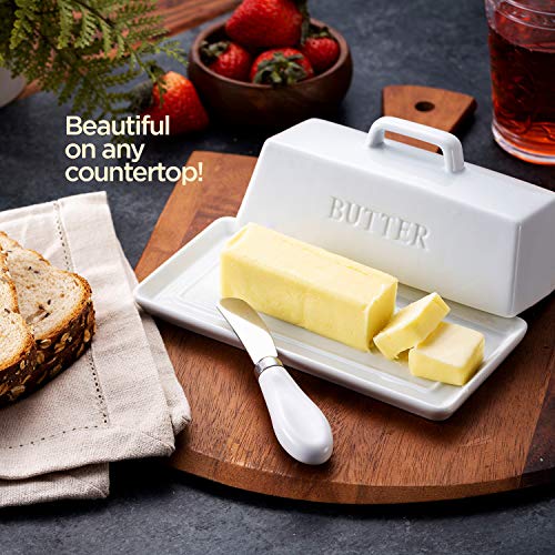 Ceramic Butter Dish Set with Lid and Knife (White)
