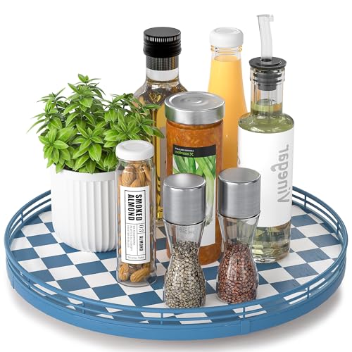 Blue and White Checkerboard Lazy Susan with Rubberwood Base and Metal Rail (Blue & White / 13 inches)