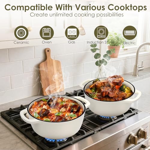 Enameled Cast Iron Dutch Oven Pot With Lid (Cream White)