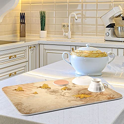 Super Absorbent Dish Drying Mat (Sunflower Bee Retro / 18" x 24")
