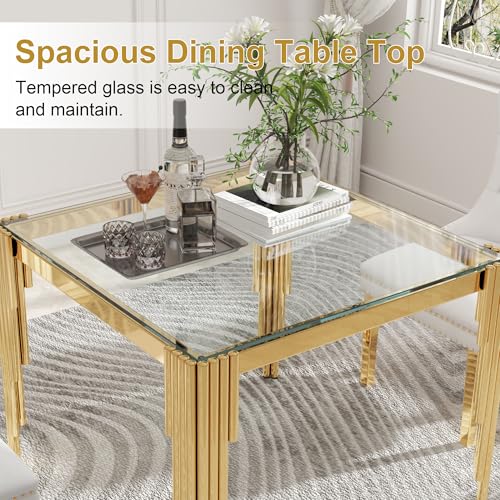 35'' Modern Square Glass Dining Table for 4 People (Gold-clear / Square-35.43" L x 35.43" W x 29.53" H)