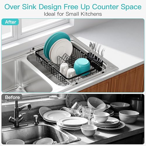 Black Dish Drying Rack Over the Sink with Utensil Holder (Black / For 12.5"-30"w Sink, Expandable)