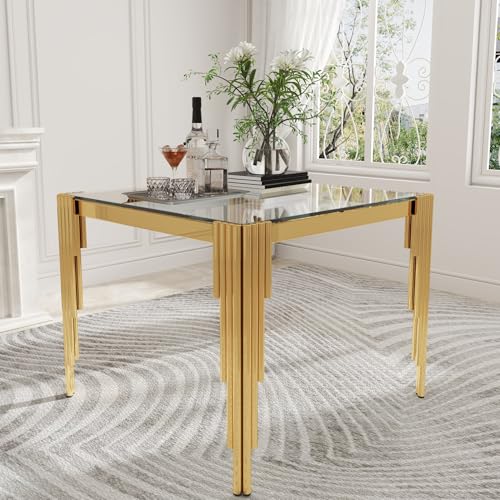 35'' Modern Square Glass Dining Table for 4 People (Gold-clear / Square-35.43" L x 35.43" W x 29.53" H)