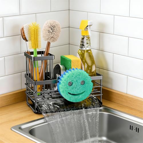 Sink Caddy Sponge Holder for Kitchen with Brush Holder and Stainless Steel Self Drain Tray (8.26'' / Black With Smiley Face)