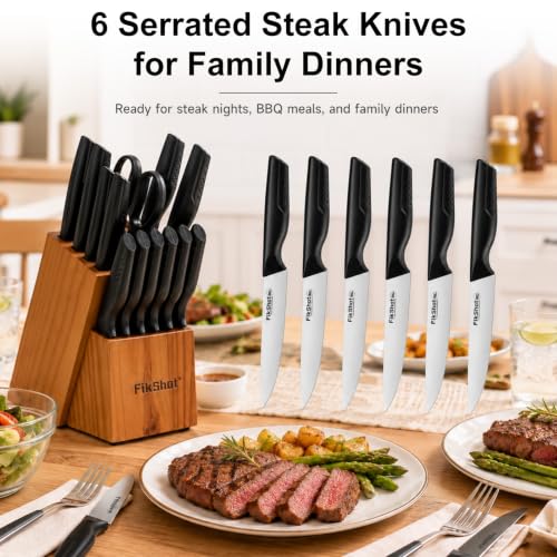 15 Piece Kitchen Knife Set with Block & Built (Natural Wood-Colored & Black)