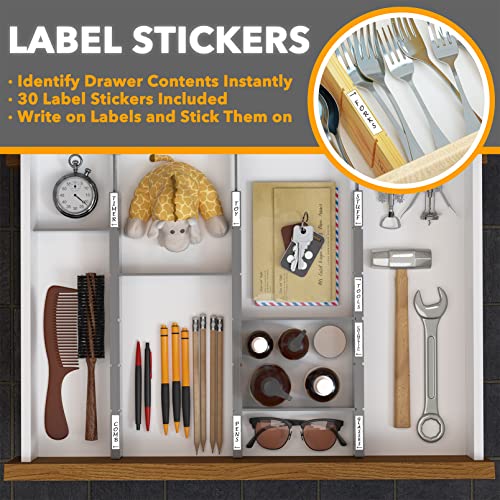 Bamboo Drawer Dividers with Inserts and Labels (2.35''H, 17''-22''L, 4 Dividers / GRAY)