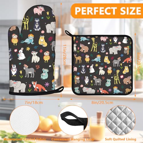 Cute Animals Oven Mitts and Animal World Pot Holders Sets 4Pcs (Cute Animals)