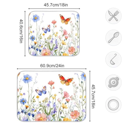 Wildflowers Butterfly Dish Drying Mat for Kitchen Counter Absorbent Microfiber Drying Pad (16" x 18")
