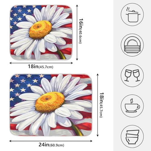 Daisy Flowers and American Flag Dish Drying Mat for Kitchen Ccounter Absorbent Microfiber Small Drying Pad Dish Mats for Kitchen Countertops 16 x 18 Inch (18" x 16")