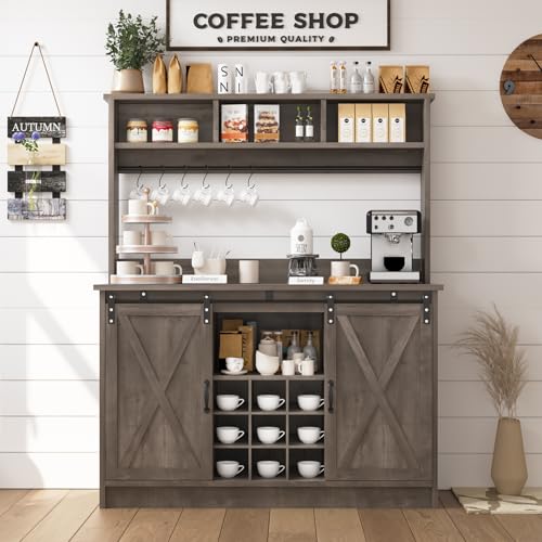 47" Farmhouse Coffee Bar with Storage Hutch & Wine Rack (48Inch / Grey)