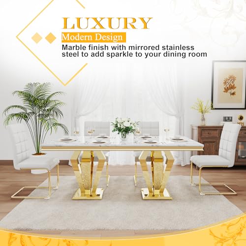 7 Piece Luxury Dining Room Set (Gold White + White / Dining Table + 6 U-shape Chair)