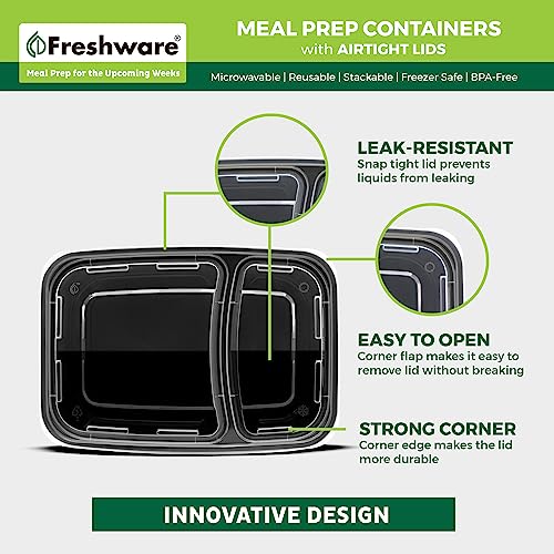 Meal Prep Containers [50 Pack] 2 Compartment with Lids (2-COMP_50PK)