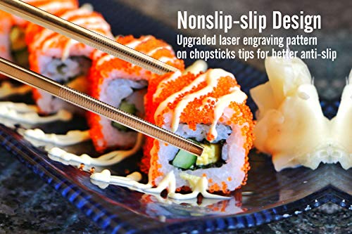 Chopsticks Reusable Titanium Plated Metal Chopsticks 304 Stainless Steel Chopstick Dishwasher safe Japanese Korean lightweight Engraved Anti (Black/Gold)
