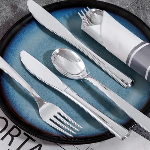 400PCS Pre Rolled Silver Plastic Silverware Sets (Silver - Classic)