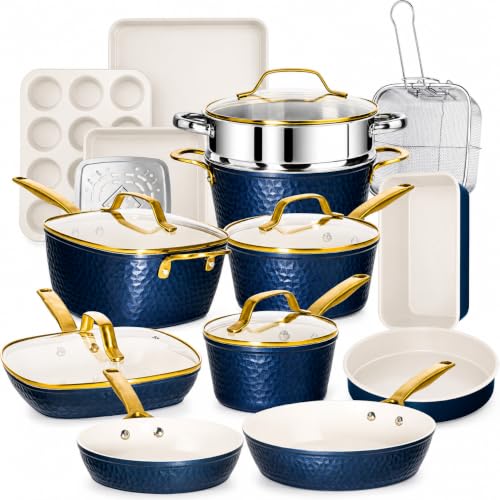 HAMMERED 20 Pc Ceramic Cookware Set (Hammered Navy)