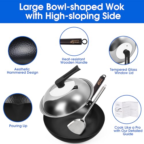 12.5 Inch Carbon Steel Wok For Electric (B-12.5 inch Wok with Stainless Steel & Glass Lid)