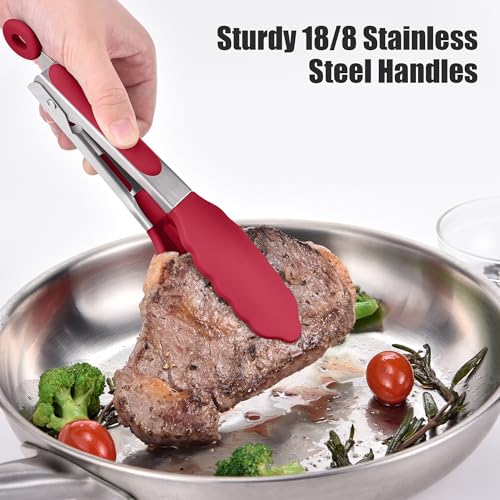 Kitchen Tongs with Silicone Tips for Cooking Serving (7in / Red)