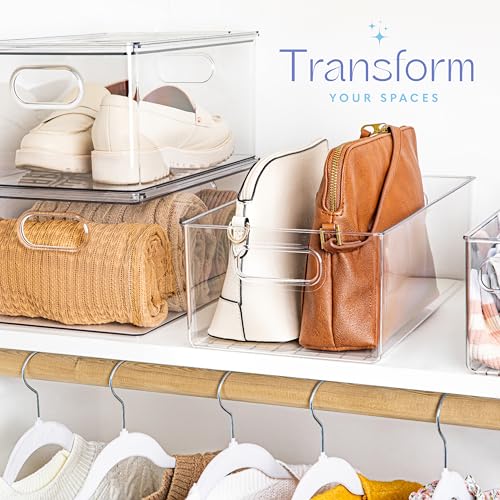 Plastic Food Storage 8 Pack Clear Container Bin with Handles for Organizing Kitchen (16x8x5)