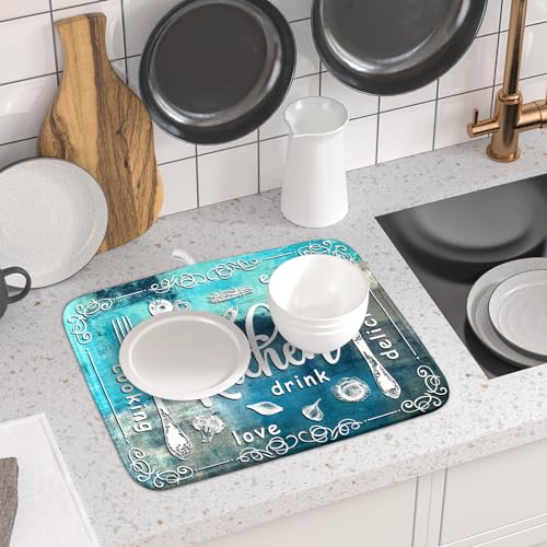 Blue Grey Dish Drying Mat 16x18 Inch Cooking Delicious Absorbent Drying Pad Heat Resistant Dish Drainer Mats for Kitchen Countertop (Blue Kitchen Cooking / 16" x 18")