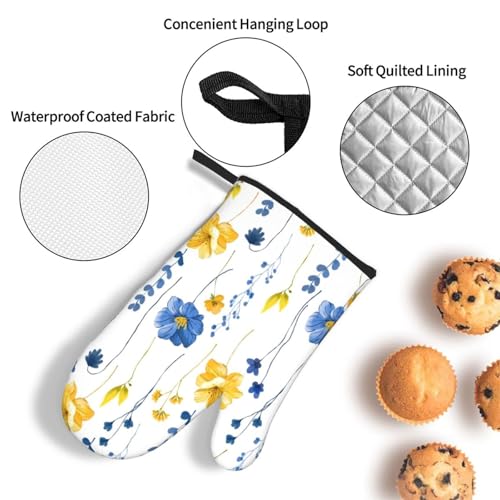 Navy Blue Yellow Flower Oven Mitts and Pot Holders Sets of 3 Watercolor Floral Decorative Hot Pads Heat Resistant Non Slip Washable for Cooking Grilling Baking BBQ Kitchen Decor (3 Count)