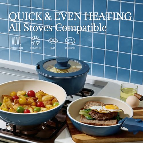 8Pcs Pots and Pans Set Nonstick Ceramic Cookware Set Removable Handle Induction Kitchen Cooking Set with Frying Pans and Sauce Pan (Blue)