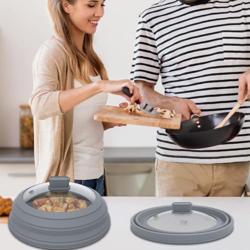 Microwave Splatter Cover Glass Splatter Guard Lid with Collapsible Silicone for Food Pot Plate Cover 11.8 inch Light Grey (Light Grey / 11.8 inch)