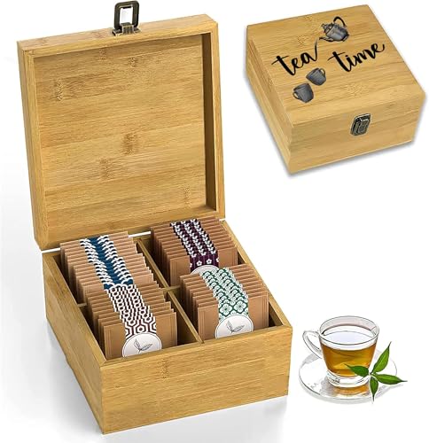 Bamboo Tea Organizer Box Chemical Free Eco (4-Slot Square / Tea Time Pot & Cups)
