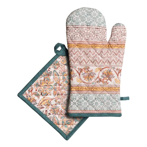 100% Cotton Oven Mitt & Pot Holder Set (047 - Nila / 7.5" x 13" & 8" x 8" (Oven Mitt & Pot Holder))