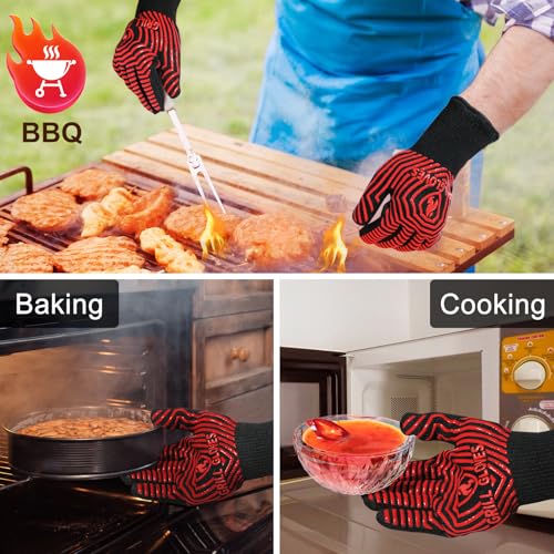 BBQ Gloves BBQ Accessories 1472℉ Extreme Heat Resistant (Black Red / One Size Fits Most(Long Cuff))