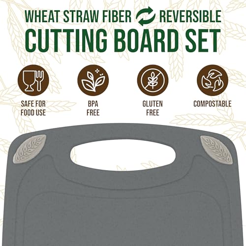 2 Piece Reversible Cutting Board Set Made with Natural Wheat Straw Fiber (Dark Gray)