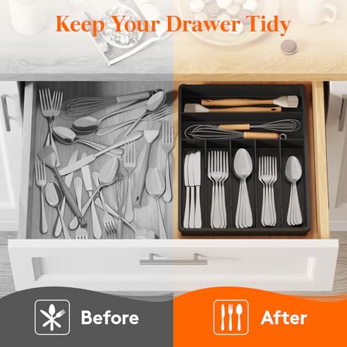 Silverware Drawer Organizer Tray (Black / 12.3 x 16 inch (7 Slots))