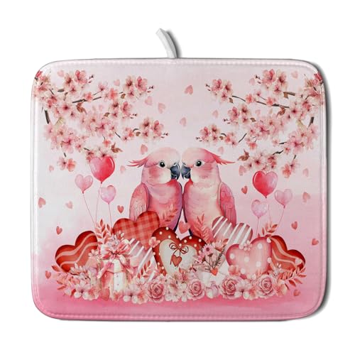 Small Holiday Dish Drying Mat Pink Love Bird Absorbent Coffee Bar Mat for Decoration 16 X 18 In (Pink Love Bird / 18" x 16")