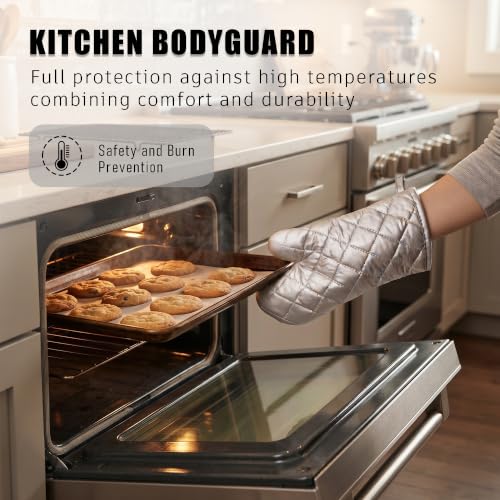 Silver 13" Quilted Oven Mitts Set of 2 Heat Resistant for Kitchen Grill (Silver / 13 inch)