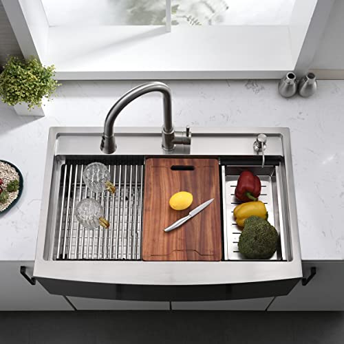 33 Inch Farmhouse Kitchen Sink Workstation (33"L x 22"W x 10"D / Stainless Steel (Splash Guard))