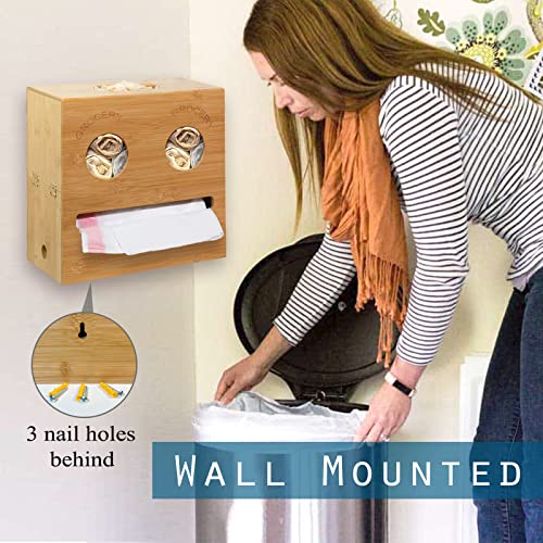 2-in-1 Trash Bag Dispenser & Grocery Bag Holder with Cute Smiley Face Design, Bamboo Organizer for Cabinet Door & Wall Mount, Decorative Waste Bag Storage for Standard Rolls, Not for XL Rolls