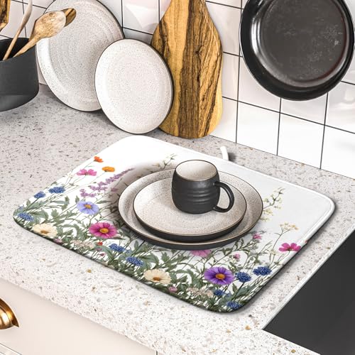 Flower Herbs Dish Drying Mat Botanical Plant Dishes Drainer Mat 16x18 inch Reversible Microfiber Drying Dish Pad for Kitchen Counter Decor (Flower Herbs Plant / 16" x 18")