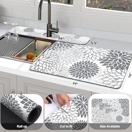 2Pcs Dish Drying Mat & Sink Splash Guard (Gray / 16" X 24" + 24" X 5.5")