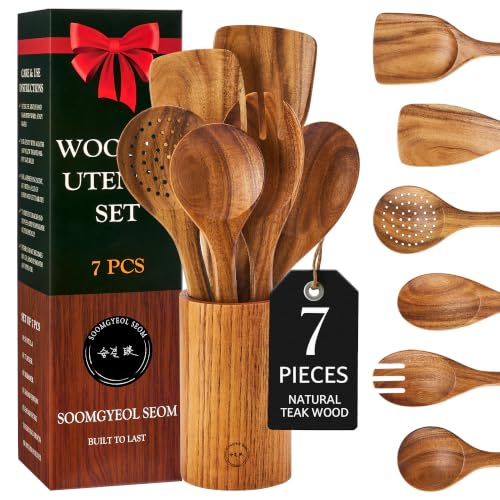 7 Piece Teak Wood Cooking Utensil Set with Holder (7 PCS Set)