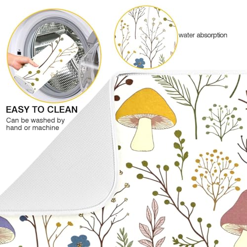 Cute Mushroom Wild Plant Dish Drying Mat for Kitchen Counter Absorbent Microfiber Drying Pad (16" x 18")