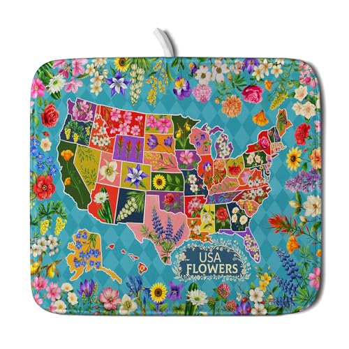 Flower Map Dish Drying Mat American Floral Decoration Coffee Mat for Kitchen Counter (Flower Map Green / 18" x 16")