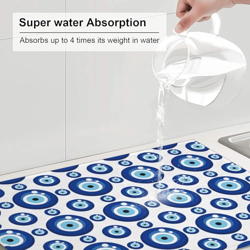 Blue Evil Eyes Microfiber Dish Drying Mat for Kitchen Counter 18"x24" Funny Dishes Pad Dish Drainer Rack Mats Absorbent Washable Reusable (Blue / 18 x 24 inch)