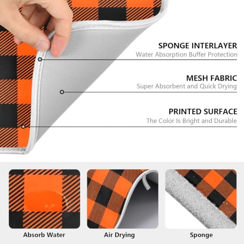 Halloween Dish Drying Mat for Kitchen Counter Absorbent Microfiber Small Drying Pad Black Orange Buffalo Plaid Check Dish Mats for Kitchen Countertops 16 x 18 Inch (Halloween Buffalo Plaid / 18" x 16")