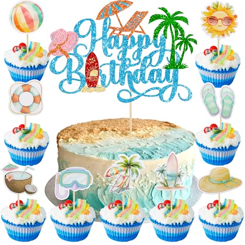 37Pcs Summer Beach Pool Cupcake Toppers Glitter Beach Happy Birthday Cake Topper Ball Sun Umbrella Water Gun Cupcake Picks for Tropical Hawaii Theme Birthday Party Decorations Supplies Blue (Blue 3)