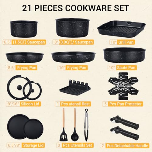 21Pcs Pots and Pans Set Non Stick with Detachable Handle (Grill Pan Set)