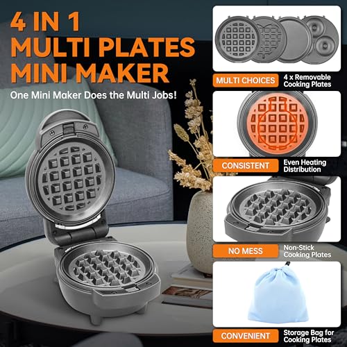 4 in 1 Mini Waffle Maker with Removable Plates