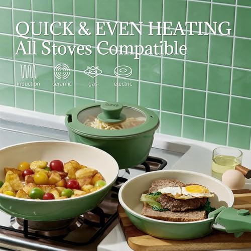 Ceramic Cookware Set Non Stick 8Pcs Pots and Pans Set Detachable Handle Induction Kitchen Cooking Set with Frying Pans Oven Dishwasher Safe (Forest)